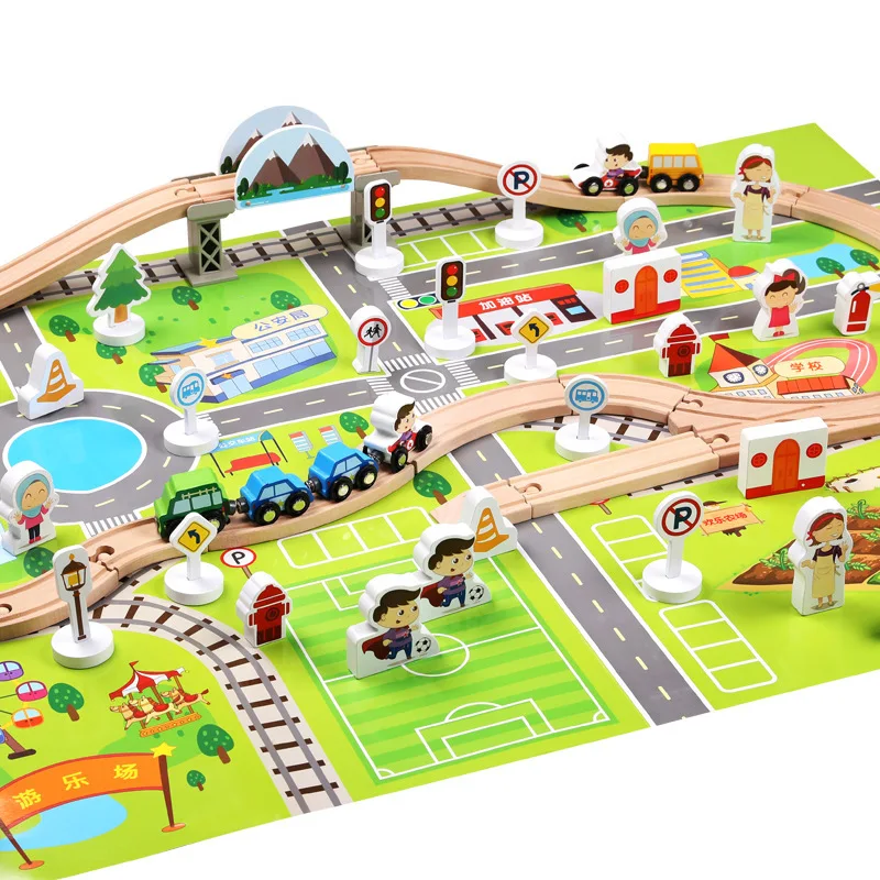 

MWZ 80 PCS City Camera Track Traffic Thomas Train Camera Track Assembled Wooden Building Blocks Educational Toy