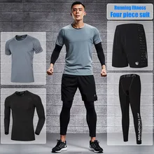Костюм из четырех частей для фитнеса, мужской облегающий Быстросохнущий костюм, спортивный костюм с коротким рукавом для занятий спортом на открытом воздухе, Осенний тренировочный костюм для бега