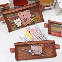 

1pc Kawaii Mesh Bear Rabbit Pencil Case Pouch Office Student Pencil Cases Kalem Kutusu School Supplies Square Portable Pen Bag