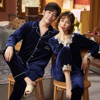 

Autumn Winter New Couple Pyjamas Gold Velvet Pajamas Lapel Korean Velour Homewear Men Women Suit Sleepwear Nightwear