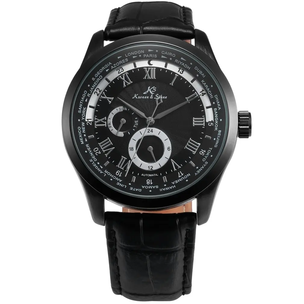 

Imperial KS White 24 Hour Roman Self Winding Relogio Black Leather Band Week Day Clock Mechanical Mens Automatic Watches /KS303