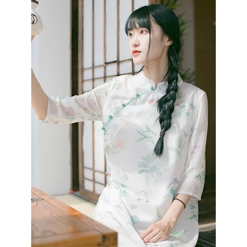 

Autumn and winter new printed mid-length improved cheongsam, Chinese style improved daily retro, thin original women's clothing