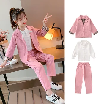 

Teen Girls Clothing Sets White Shirt+Leopard Print Blazer+Pants Pink Suit Sets 3 Pcs Baby Girl Party Wedding Formal Wear Costume