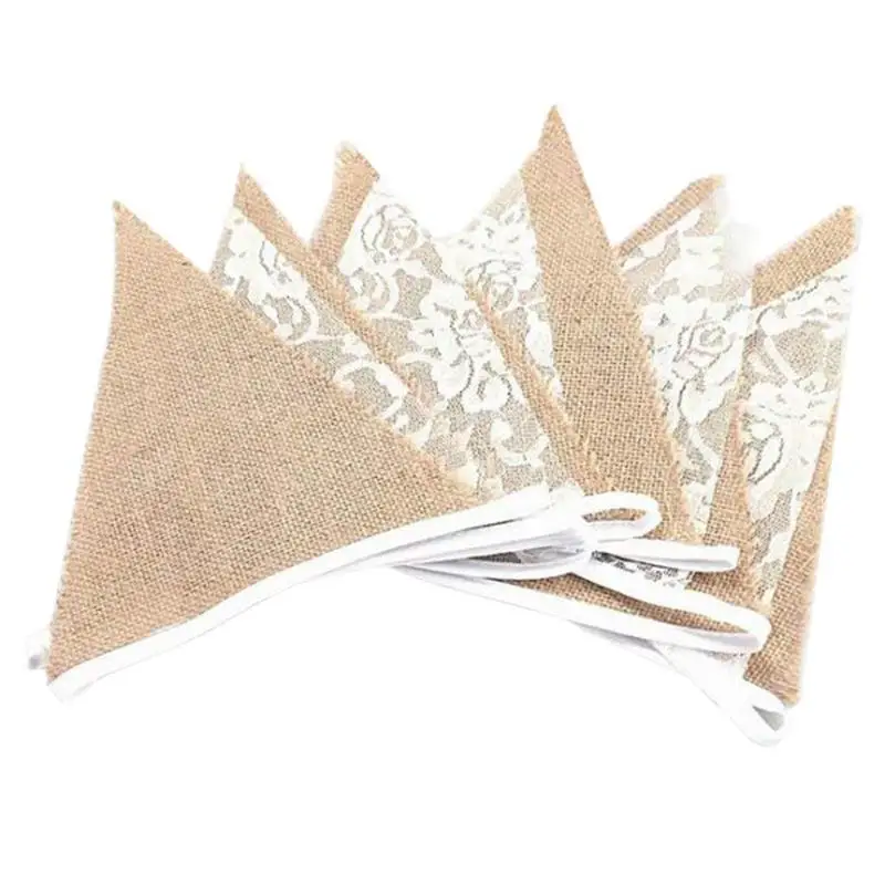 

Linen Burlap Fabric Bunting Banner Lace Flowers Flag Pennant Banner Wedding Party Cafe Decor