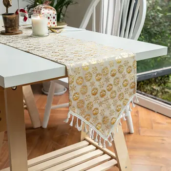 

Bronzing Tassel Christmas Table Runner Snowflake Deer Printed Cotton Linen Table Runner Sideboard Fringe Cover Towel