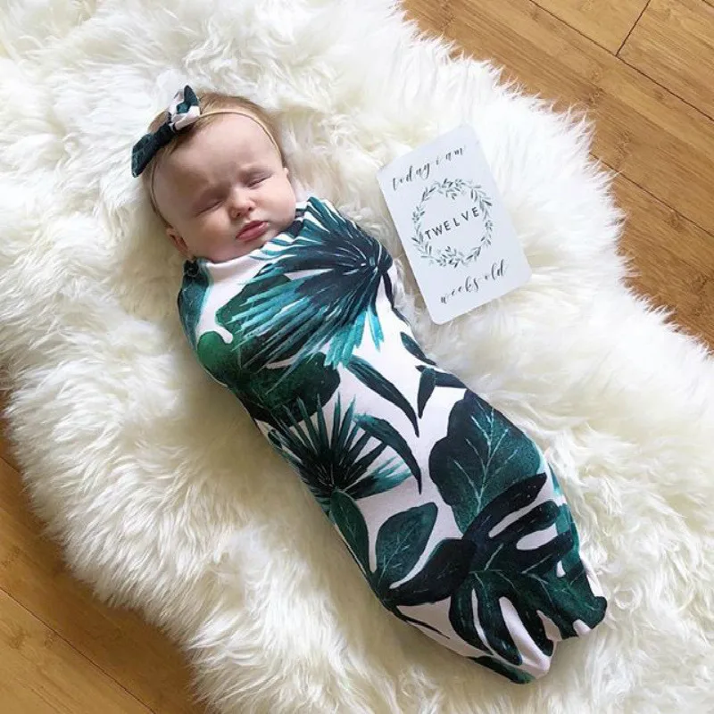 Милое одеяло для пеленания с цветочным принтом, с рисунком, с защитой от ударов, пеленка для сна+ повязка на голову, 0-2 м, комплект для новорожденных, спальный мешок для новорожденных