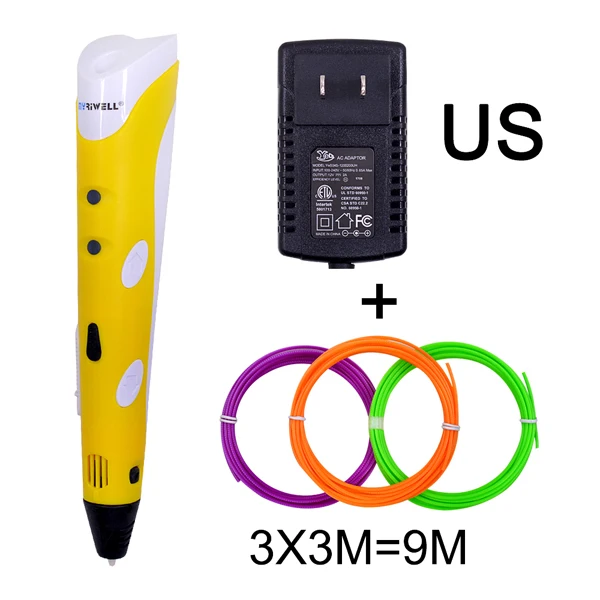 Yellow US Myriwell Волшебная 3D Ручка DIY 3D печать ручка с 9 м ABS/PLA нить креативная игрушка дизайн рисунок подарок для детей подарок на день рождения - Цвет: Yellow US