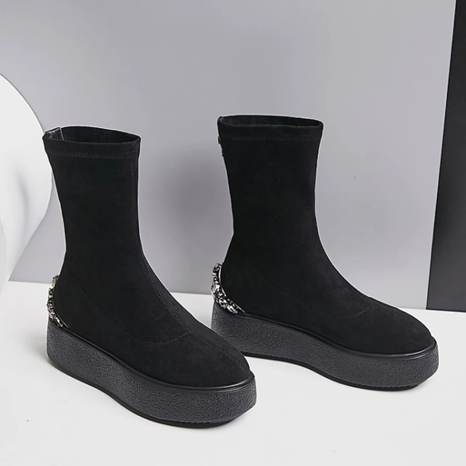 

Bellecom new mid barrel nude women's elastic thick bottom Martin women's boots short boots in autumn and winter 2019