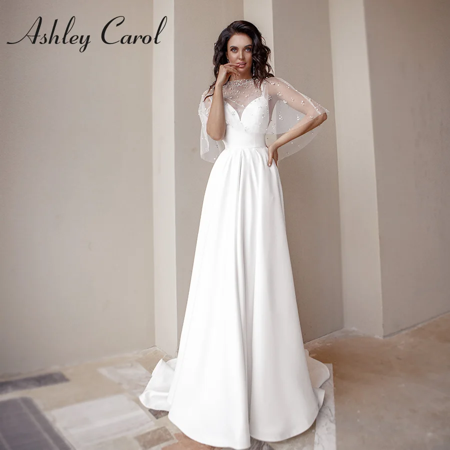 Свадебное платье трапециевидной формы Ashley Carol 2021 атласное с открытой спиной на