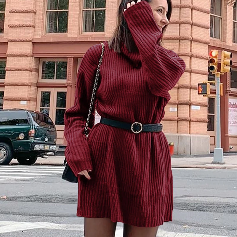 Elsvios Casual Rib Knitted Sweater Dress Winter Warm Turtleneck Mini Dress Women Autumn Long Sleeve Pullover Party Dress Vestido