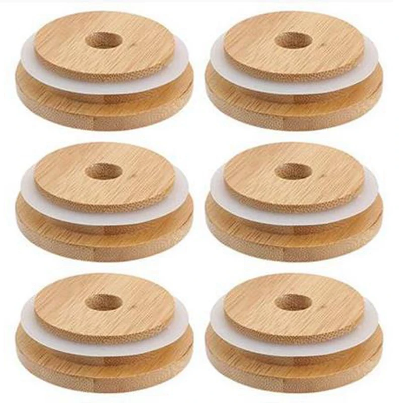 Reusable Bamboo Jar Lids 70mm Bamboo Mason Jar Lids with Straw Hole for