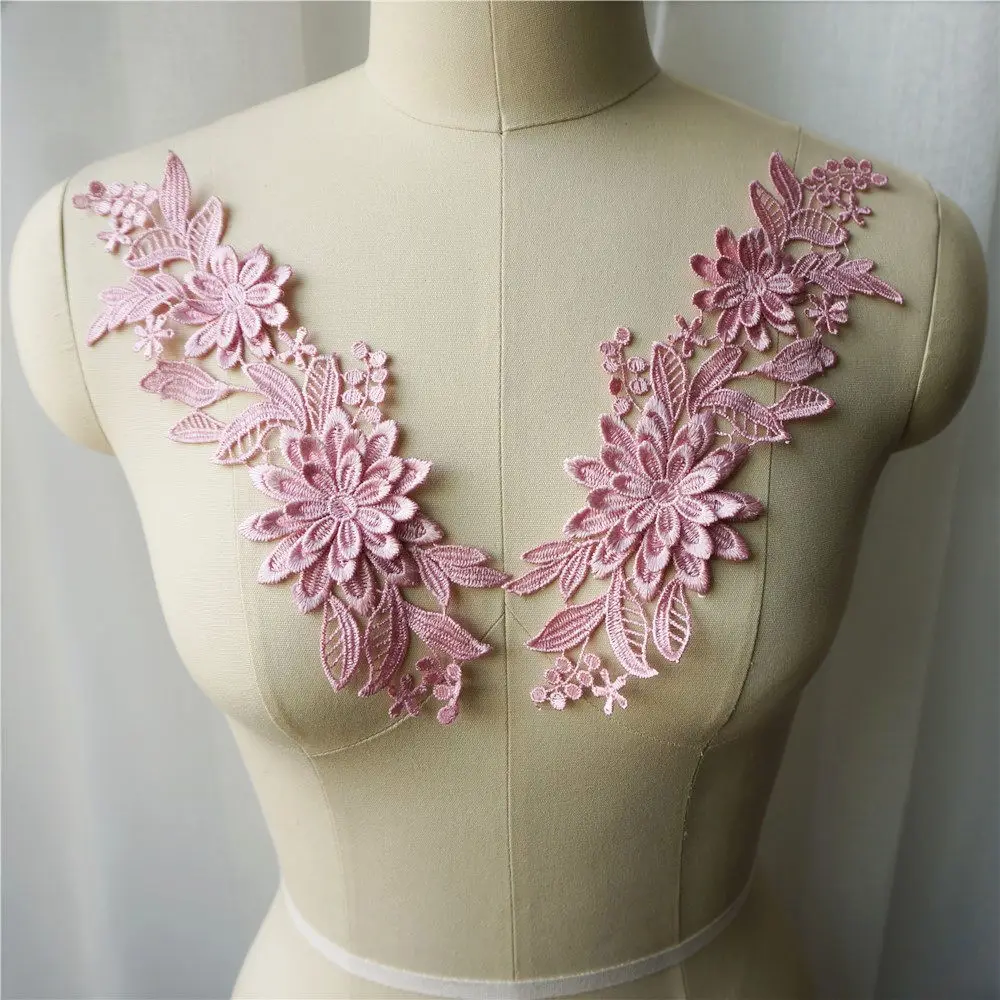 2pcs Pink 3d Flower Fabric Appliques Embroidered Gown Collar Sew On