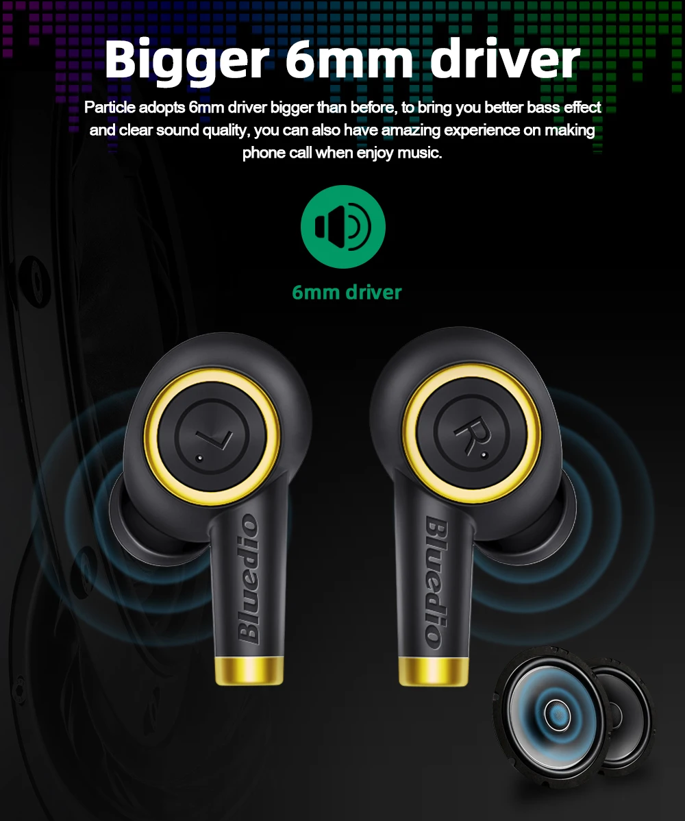 Bluedio Particle Bluetooth Headphones TWS Wireless Earbuds Waterproof Sports In-ear Headphones with Charging Case Support In-ear Detection - Black