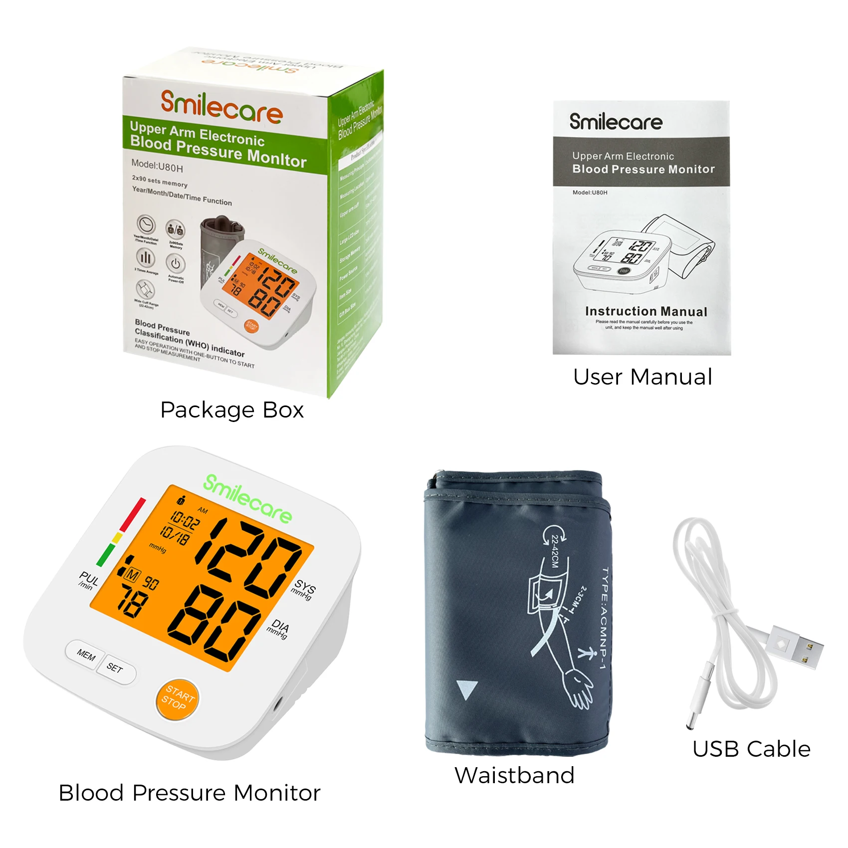 Konsung SmileCare Blood Pressure Monitor Upper Arm Cuff Accurate Automatic  BP Pulse Rate Meter with Adjustable Digital LCD U80H - AliExpress