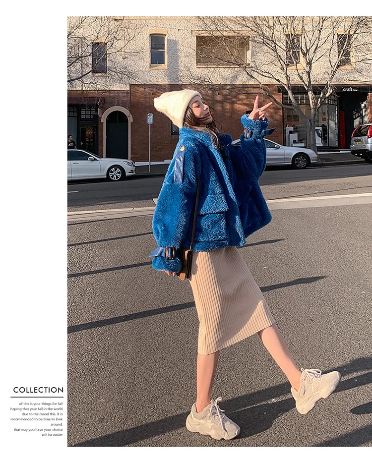 Фото фотосессия основной толчок шик Сладкая овечья шерсть Off-white Короткая свободная стойка воротник однобортный лучший друг шерстяной пиджак Wom