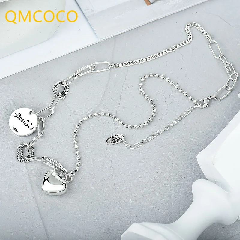 QMCOCO Korean 925 Silver Smile Face Round Heart-Shape Pendant Necklace Vintage Simple For Women Party Fine Jewelry Accessories | Украшения