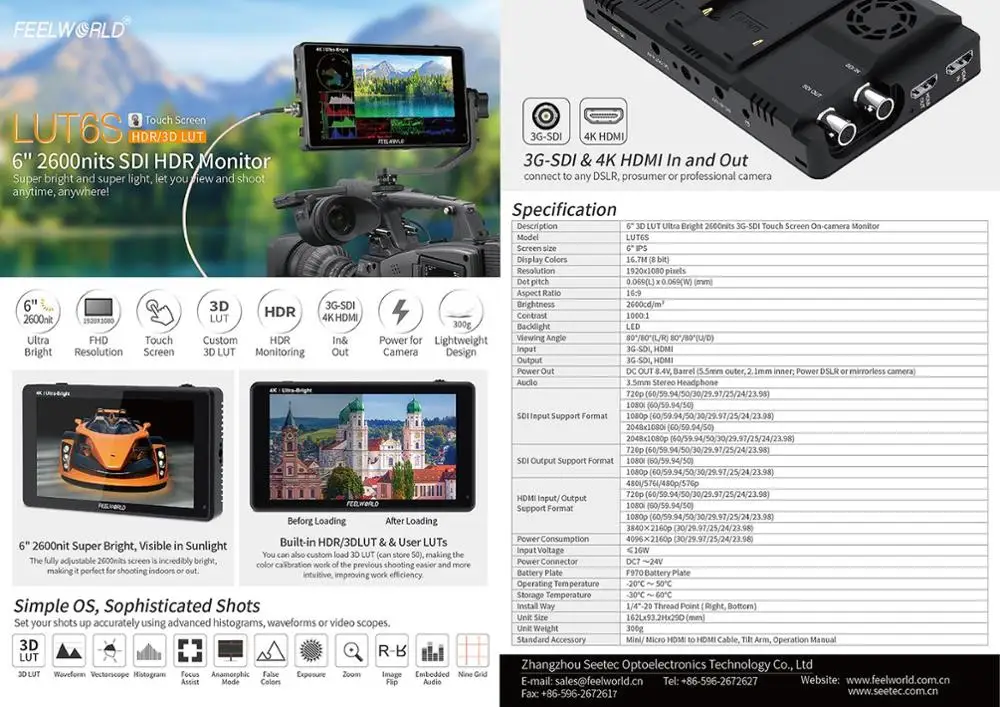 FEELWORLD LUT6S LUT6 6 дюймовый 2600nits 3D LUT HDR сенсорный экран DSLR камера полевой монитор 3G SDI 4K