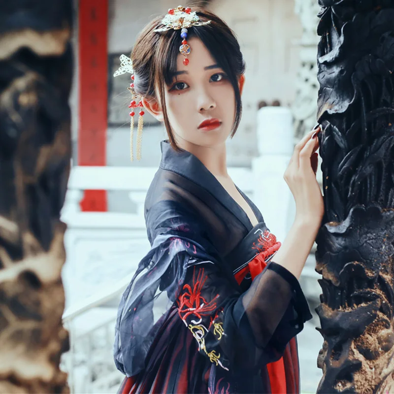 

Black Embroidery Hanfu Festival Outfit Women Classical Dance Costume Singer Rave Performance Clothes Folk Fairy Dress DF1311