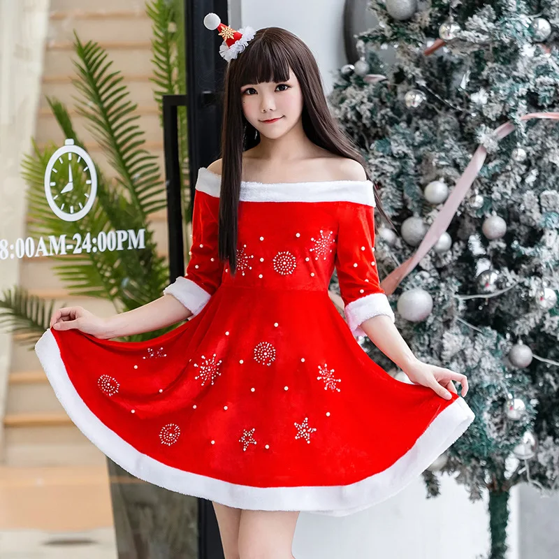 Сексуальное нарядное платье с открытыми плечами женский Рождественский костюм Красный Бархат Санта Клаус Косплей платье Хэллоуин Праздничная Вечеринка Рождественский наряд