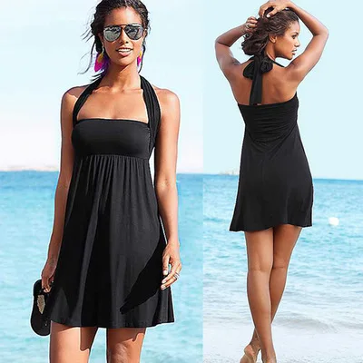 Женское пляжное платье, бикини, накидка, летняя, обернутая грудь, без рукавов, Одежда для пляжа, сексуальный купальный костюм, накидка размера плюс, бикини, саронги - Цвет: Черный