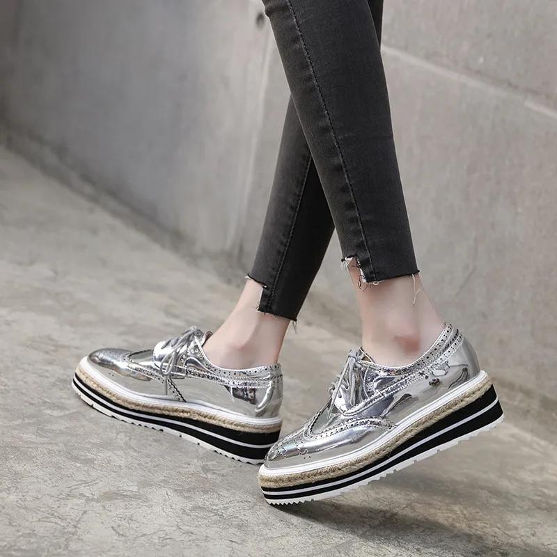Patent Leather Women Platform Oxfords Brogue Flats Shoes Lace Up Square Toe Brand Female Footwear Shoe For Women Creepers Silver (4)