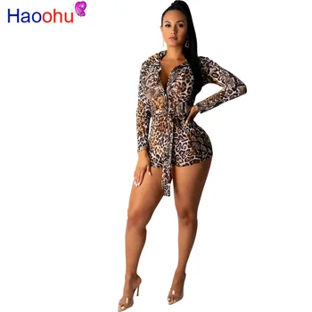 

HAOOHU Autumn women button up leopard print long sleeve bodysuit bodycon jumpsuit sexy club night party romper playsuit 4 color