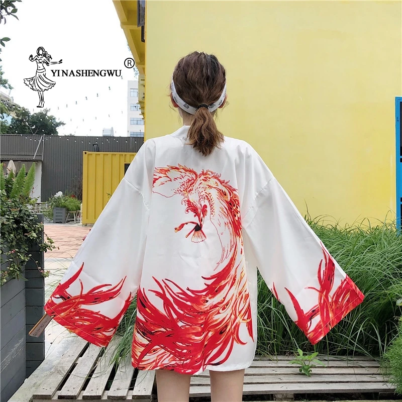 Yukata женский японский кимоно кардиган с принтом дракона рубашка с длинными рукавами Повседневные кимоно Femme Kawaii азиатское Кимоно костюмы косплей