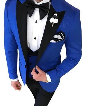 

2020 New Men's Leisure Blue Suit 3 Pieces Double-breasted Vest Lapel Tuxedos Groomsmen For Wedding Party (Blazer+Vest+Pants)