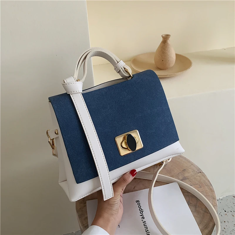 

Burminsa Contrast Color Suede Crossbody Bags For Women Lock Ladies Shoulder Bags Large Capacity Soft PU Leather Handbags 2019