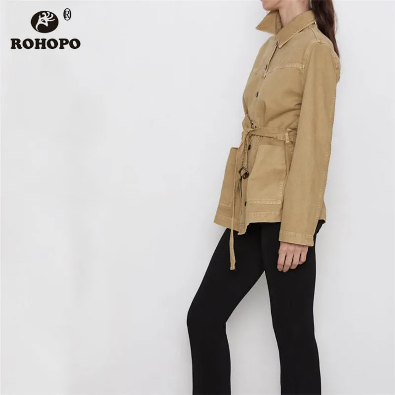 Promo  ROHOPO Woman Autumn Straight Khaki Belted Long Jacket Button Fly British Academy Solid Windbreaker 