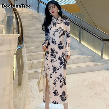 

2020 chinese dress vintage chinese style cheongsam women's satin qipao flower printing sexy party dress mujer female vestidos