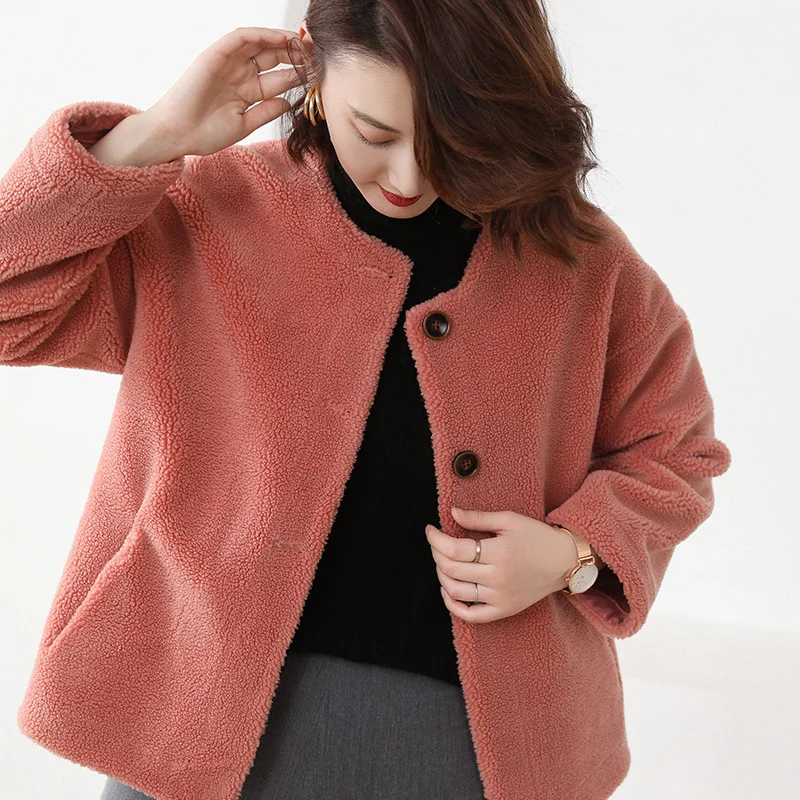 ALKMENE 19 осеннее и зимнее тонкое кашемировое пальто с круглым вырезом, женское короткое пальто из овчины с мехом, модная теплая куртка - Цвет: Розовый