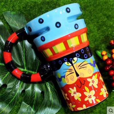 Расписная креативная керамическая кружка, модная кружка с крышкой и ложка для молока, кофе, чая, чашка большой емкости, мультяшная чашка, посуда для напитков