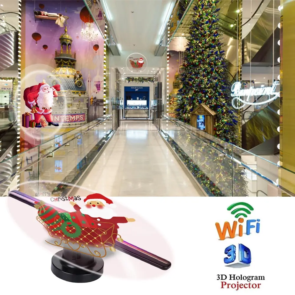 WiFi 3D Hologram Advertising Dispaly Projector Light LED Fan Holographic Imaging Lamp 3D Remote Hologram Player 42cm 16G TF