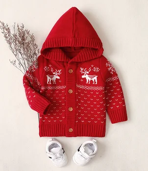 

2019 Baby Autumn Winter Clothing Christmas Warm Coat Newborn Infant Baby Girl Boy Hooded Xmas Elk Knitted Button Thick Jacket