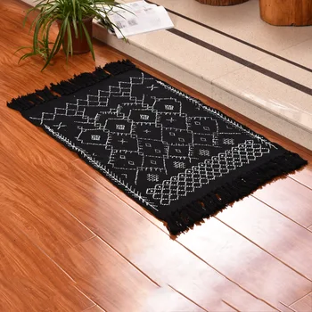 

Cotton Linen black printed tassel carpet floor mat Woven Carpet Door Bedroom Tapestry Home Decorative Blanket Carpet area rug
