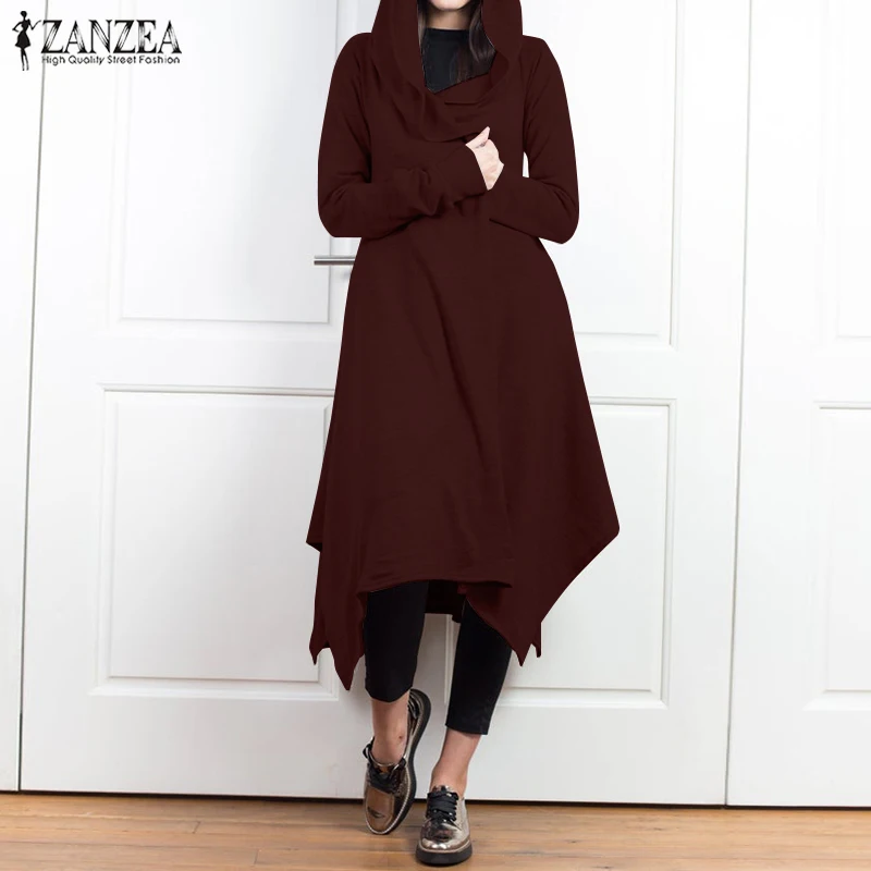 ZANZEA/модные женские толстовки с капюшоном; кардиган с длинными рукавами; куртки; осенний однотонный асимметричный подол; полосатый каждодневный Свободный Длинный верх; женский топ