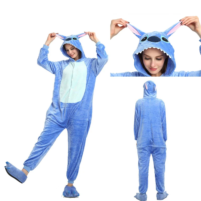 Adults and Children's Stitch Kigurumi Animal Onesies Unicorn Pajamas Cartoon Unicornio Women Men Warm Flannel Hooded Sleepwear |
