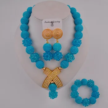 

latest turquoise blue costume necklace african set nigerian beads jewelry set FZZ105