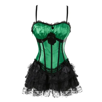 

Women's sexy cup corset with straps green satin Bustier and black/green lace mini skirt party Showgirl body slimming