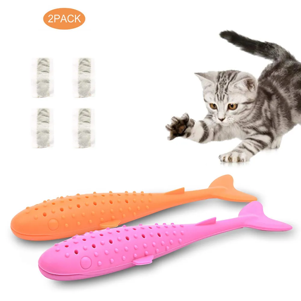2 упаковки игрушка для жевания кошек с 4 сумками Catnip Нетоксичная Мягкая Силиконовая зубная щетка для кошек в форме рыбки игрушка многоразового использования с Catnip - Цвет: Orange and Red