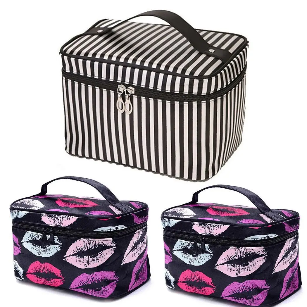 Women Fashion Lips Stripes Large Capacity Zipper Lips, Black White/Purple Black Makeup Storage Bag