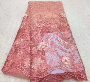 

Latest african fabric lace Embroidery Nigerian Lace Fabric for wedding High Quality 3d flower african beaded lace fabric peach