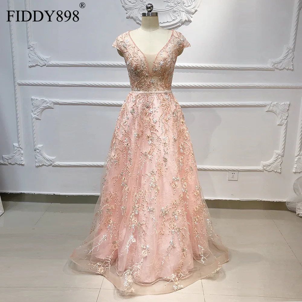 

Luxury Evening Dresses Long V Neck Cap Sleeve Lace Crystal Evening Gown Formal Party Gown Real Photo Party Dress Robe de Soiree