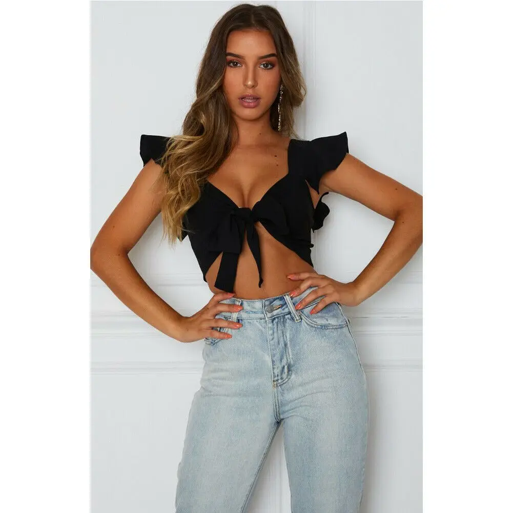 

Women Short Sleeved Crop Tops Trumpet Sleeves Short Paragraph Ruffles Belly Navel V-neck Front Knot Tie Solid Shirts