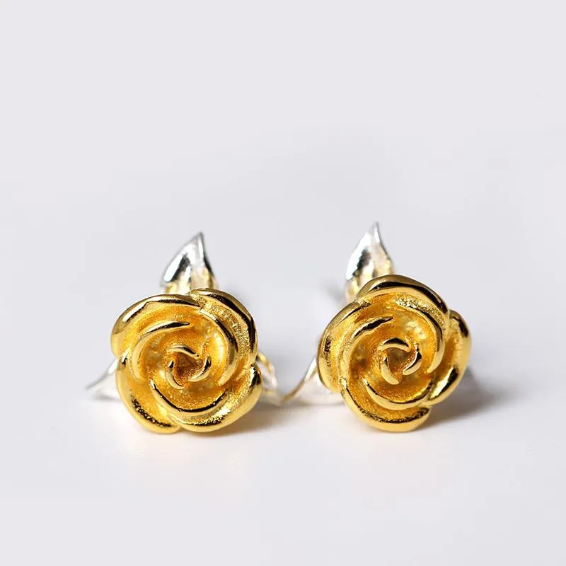 Gold 925 пробы серебряные серьги-гвоздики в виде цветов розы для женщин, модный простой стиль, популярный подарок для девушек, серебряные серьги, ювелирное изделие - Цвет камня: Gold