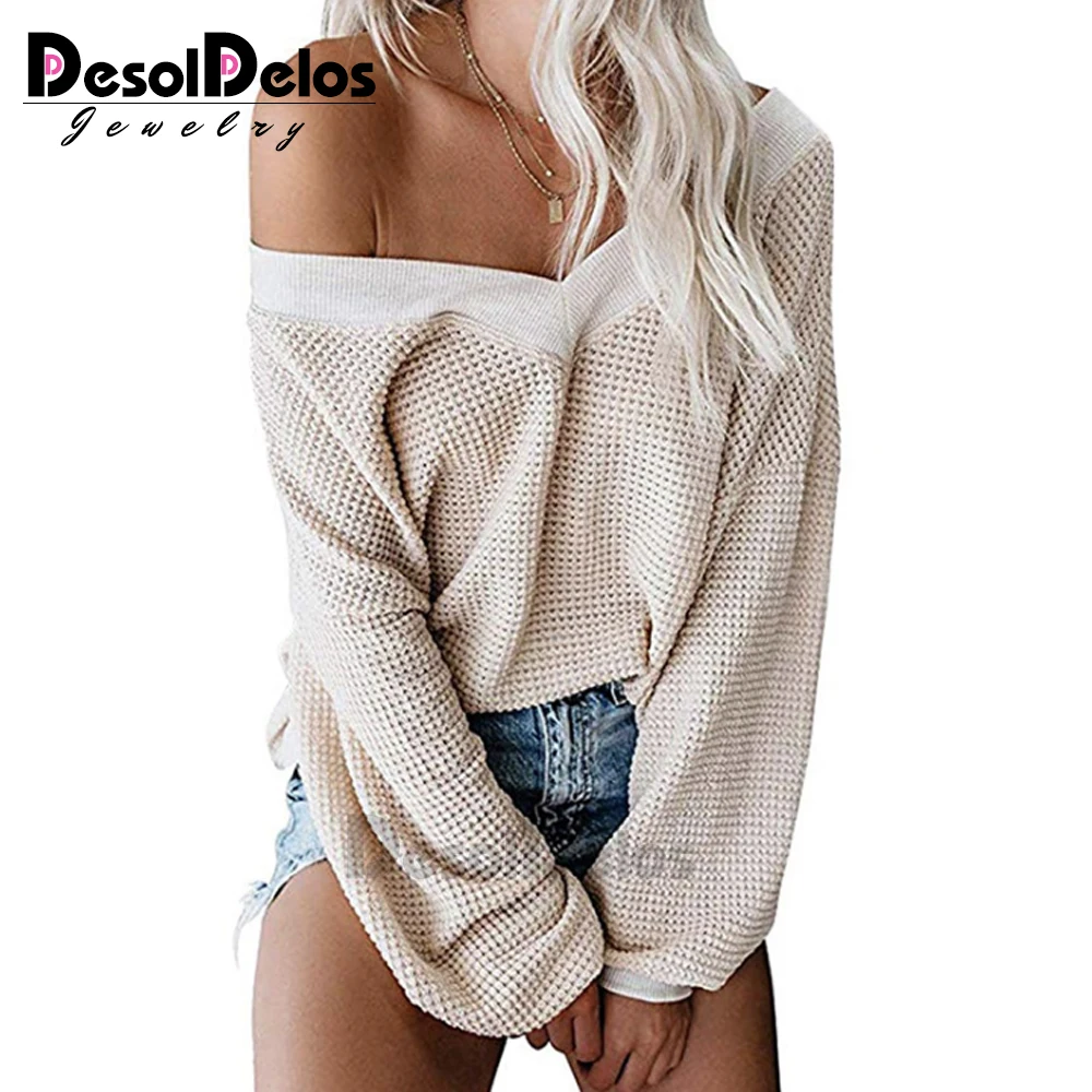 

DesolDelos Sexy Women Off Shoulder Knitted Sweaters 2019 Spring Autumn Long Sleeve Pullovers Casual Solid V-Neck Sweater Tops