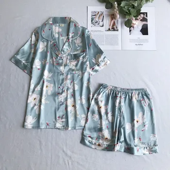 

2PCS Shirt&Shorts Pajamas Set Women Satin Homewear Nightwear Print Flower Home Clothes Pyjamas Casual Sleep Suit Kimono Gown