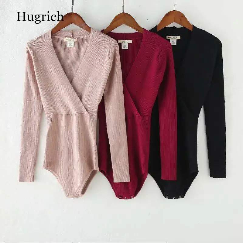 Женское трикотажное боди с длинным рукавом и V-образным вырезом |