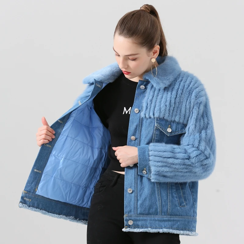 QIUCHEN PJ19040 New arrival real mink fur coat denim jacket women winter coat fashion model